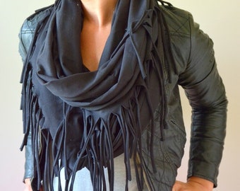 shawl with tassels, knitted shawl, cotton shawl, infinity, shawl made of cotton, scarf, warm shawl, women shawl,organic shawl black, fringe