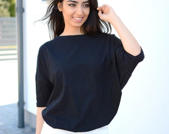 Wide Loose Blouse Bust Oversize Black, cotton blouse for women, blouse vintage for girls, blouse sleeved, loose blouse, pregnant shirt