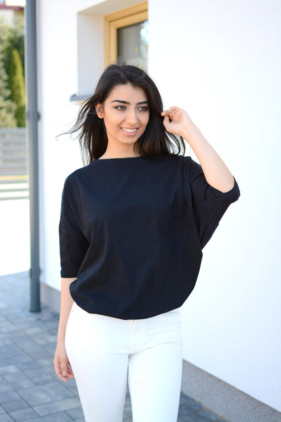 Wide Loose Blouse Bust Oversize Black, Cotton Blouse for Women