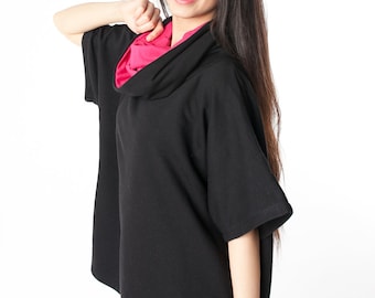 breite blouse oversize, bluse mit tube, Rollkragenbluse, damen bluse, damen top, poncho, sportbluse, Mutterschaftsbluse schwarz- rosa