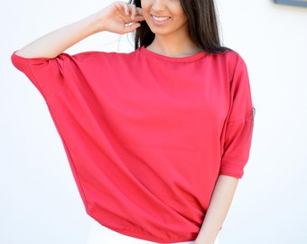 Wide Loose Blouse Bust Oversize Red, cotton blouse for women, blouse vintage for girls, blouse sleeved, loose blouse, maternity shirt