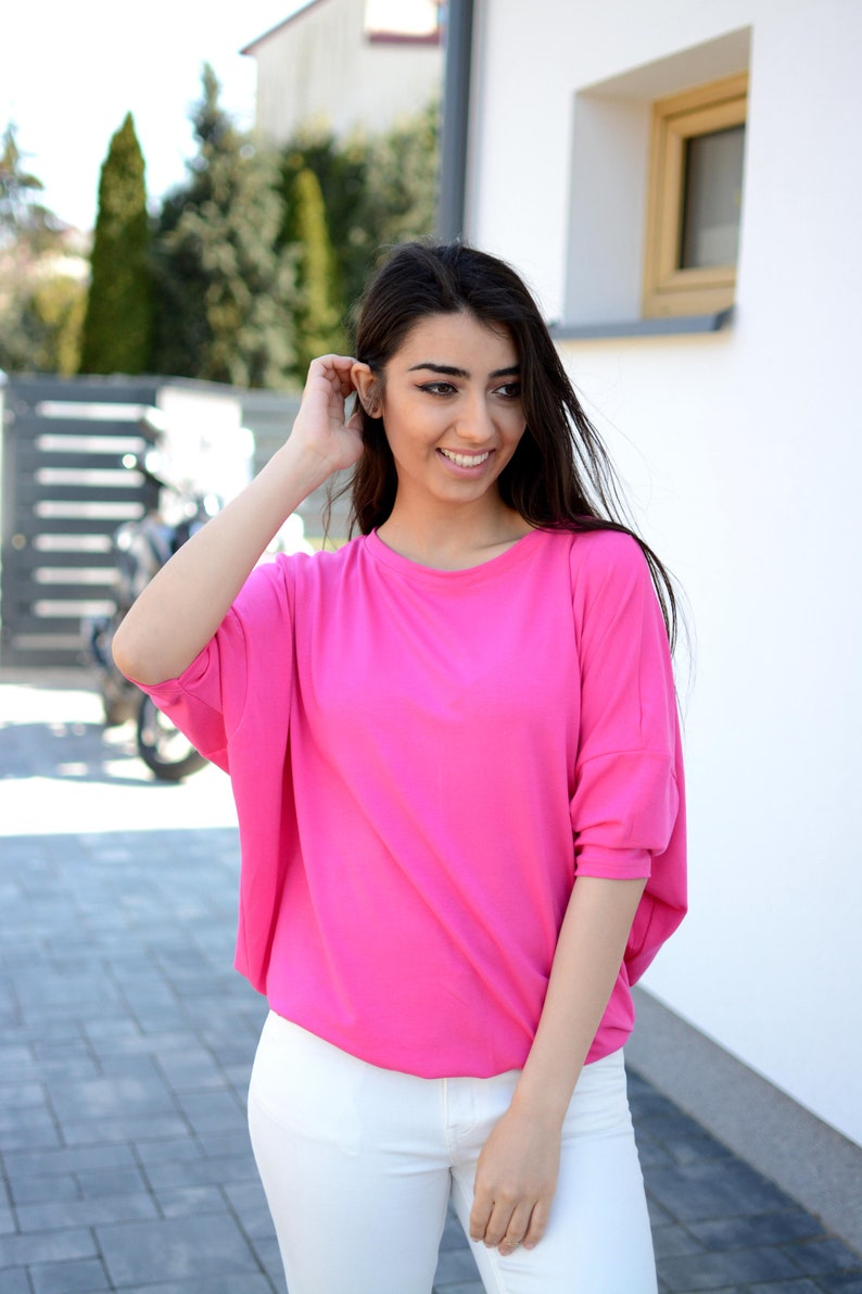 Wide Loose Blouse Bust Oversize Pink, cotton blouse for women, blouse vintage for girls, blouse sleeved, loose blouse, pink top image 3