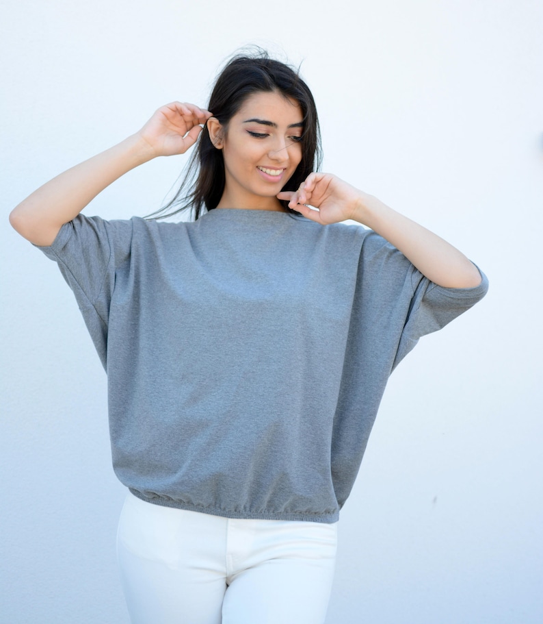 Wide Loose Blouse Bust Oversize Grey, cotton blouse for women, blouse vintage for girls, blouse sleeved, loose blouse, grey top image 1