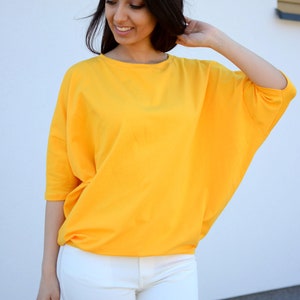 Wide Loose Blouse Bust Oversize Yellow, cotton blouse for women, blouse vintage for girls, blouse sleeved, loose blouse, gold top image 1