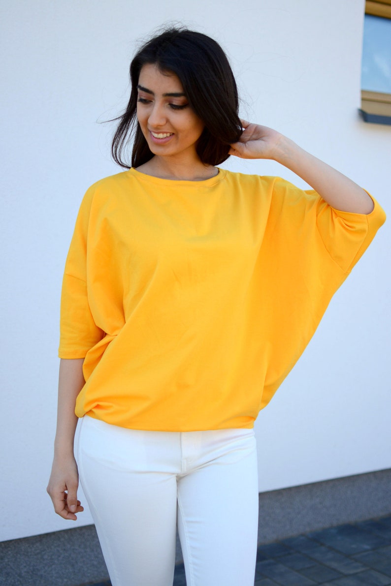 Wide Loose Blouse Bust Oversize Yellow, cotton blouse for women, blouse vintage for girls, blouse sleeved, loose blouse, gold top image 1