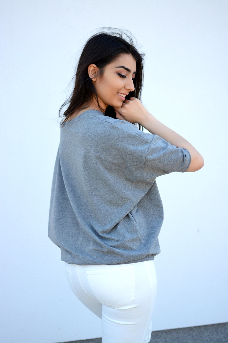 Wide Loose Blouse Bust Oversize Grey, cotton blouse for women, blouse vintage for girls, blouse sleeved, loose blouse, grey top image 4