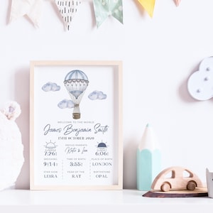 Personalisierter neuer Baby Druck / Geburtsdetails / Geburtsdaten / Kinderzimmer Druck / Heißluftballon Druck