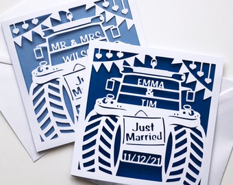 Personalised Paper Cut Just Married Tractor Wedding Card / Congratulations / Happy Couple Card / Farm Wedding / Tractor Card