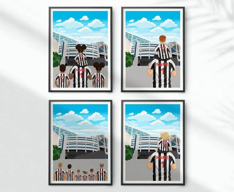 May include: Four framed prints featuring a cartoon illustration of people wearing black and white striped jerseys with the number 1 on the back. The jerseys have the word "NAME" on the back. The prints show a stadium in the background.