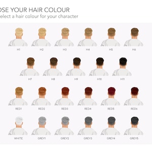 May include: A chart showing 18 different hair color options for a character. The hair colors include blonde, brown, red, white, and gray. The chart is labeled "Choose Your Hair Color" and "Please select a hair color for your character."