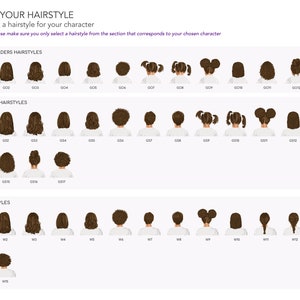 May include: A chart with different hairstyles for girls and women. The hairstyles are organized into three categories: Girl on Shoulders Hairstyles, Girl Standing Hairstyles, and Woman Hairstyles. Each hairstyle is numbered.