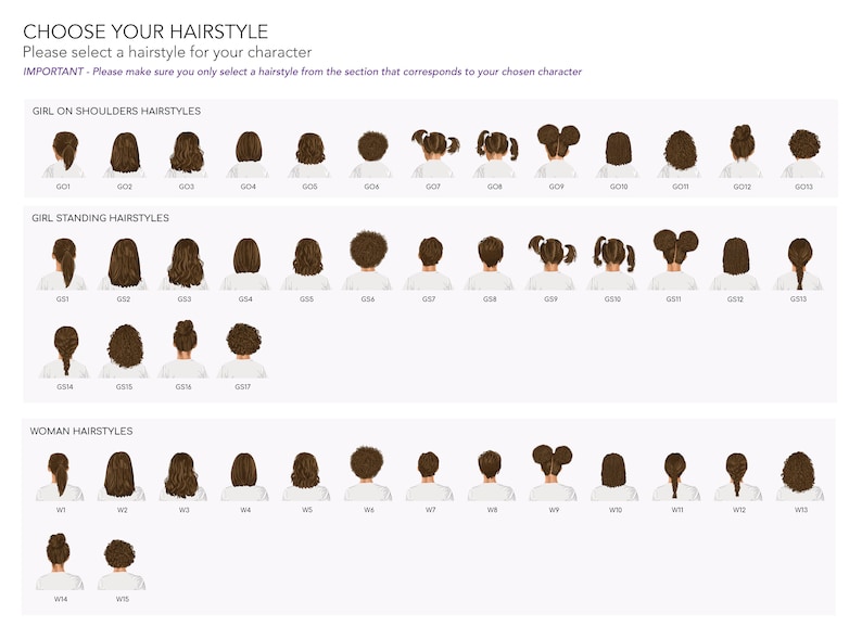 May include: A chart with different hairstyles for girls and women. The hairstyles are organized into three categories: Girl on Shoulders Hairstyles, Girl Standing Hairstyles, and Woman Hairstyles. Each hairstyle is numbered.