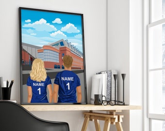 May include: A digital illustration of a couple wearing blue jerseys with the number "1" and the word "NAME" on the back. They are standing in front of a stadium with a blue sky and white clouds in the background.