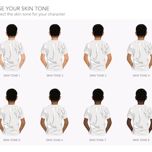 May include: Eight different skin tone options for a character, shown as a person from the back wearing a white t-shirt with their hands in their pockets.  Choose your skin tone.