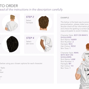 May include: A guide on how to order a custom illustration of two people, one standing with the other on their shoulders. The guide includes steps for selecting character style, hairstyle, hair color, skin tone, and shirt details. An example of a finished illustration is shown with the text "HARRY 2" on the shirt of the person on the shoulders and "LIAM 1" on the shirt of the person standing.