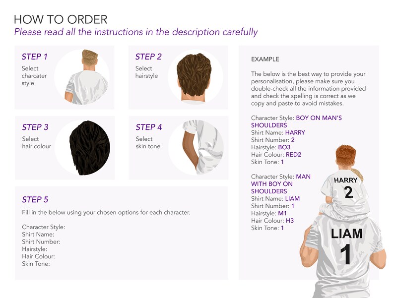 May include: A guide on how to order a custom illustration of two people, one standing with the other on their shoulders. The guide includes steps for selecting character style, hairstyle, hair color, skin tone, and shirt details. An example of a finished illustration is shown with the text "HARRY 2" on the shirt of the person on the shoulders and "LIAM 1" on the shirt of the person standing.