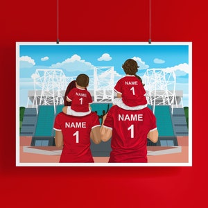 May include: A family of four wearing red shirts with the word "NAME" and the number "1" on the back. They are standing in front of a stadium with a blue and green background.