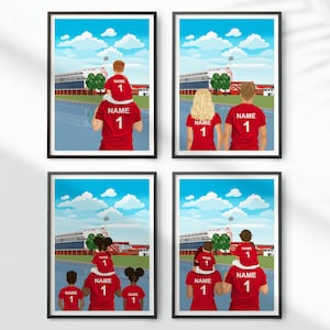 May include: Four digital illustrations of families wearing red soccer jerseys with the number "1" on the back. The jerseys have the word "NAME" above the number. The families are standing in front of a soccer stadium.