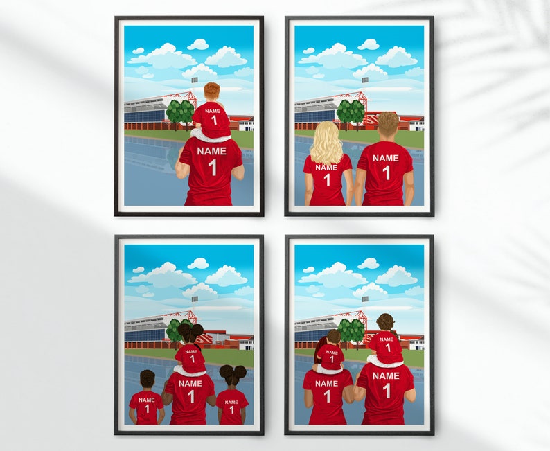May include: Four digital illustrations of families wearing red soccer jerseys with the number "1" on the back. The jerseys have the word "NAME" above the number. The families are standing in front of a soccer stadium.