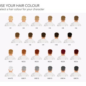 May include: A chart with 18 different hair color options for a character. The hair colors include blonde, brown, red, white, and gray. Each hair color is shown on a cartoon illustration of a person's head from the back.