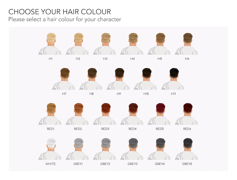 May include: A chart with 18 different hair color options for a character. The hair colors include blonde, brown, red, white, and gray. Each hair color is shown on a cartoon illustration of a person's head from the back.