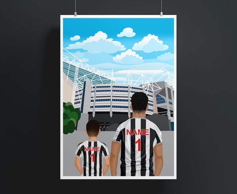 May include: Two people wearing black and white striped soccer jerseys with the word "NAME" and the number "1" on the back. They are standing in front of a soccer stadium.