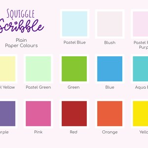 K&ouml;nnte beinhalten: Eine Tabelle mit 15 verschiedenen farbigen Quadraten, die jeweils mit einem Farbnamen beschriftet sind. Die Farben umfassen Pastellblau, Rouge, Pastellrosa-Lila, Pastellgelb, Pastellgr&uuml;n, Gr&uuml;n, Blau, Aquablau, Lila, Rosa, Rot, Orange und Gelb. Die Tabelle ist mit "Einfache Papierfarben" betitelt und Teil eines gr&ouml;&szlig;eren Bildes, das "SQUIGGLE Scribble" sagt.