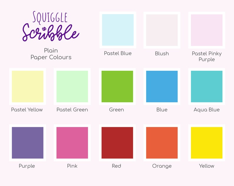 K&ouml;nnte beinhalten: Eine Tabelle mit 15 verschiedenen farbigen Quadraten, die jeweils mit einem Farbnamen beschriftet sind. Die Farben umfassen Pastellblau, Rouge, Pastellrosa-Lila, Pastellgelb, Pastellgr&uuml;n, Gr&uuml;n, Blau, Aquablau, Lila, Rosa, Rot, Orange und Gelb. Die Tabelle ist mit "Einfache Papierfarben" betitelt und Teil eines gr&ouml;&szlig;eren Bildes, das "SQUIGGLE Scribble" sagt.
