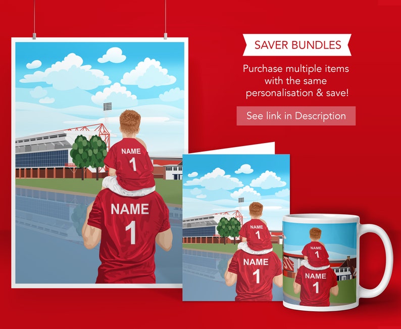 May include: A red and white personalized mug with a father and son wearing matching soccer jerseys. The mug features a cartoon illustration of the father carrying the son on his shoulders. The text "NAME 1" is printed on the jerseys. The mug is part of a saver bundle, which includes a card and a print.
