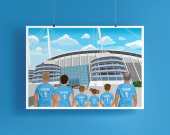 May include: Illustration of a family wearing light blue shirts with the number 1 and the word "NAME" on the back, facing a large stadium. The stadium has a modern design with a glass facade and a blue sky background.