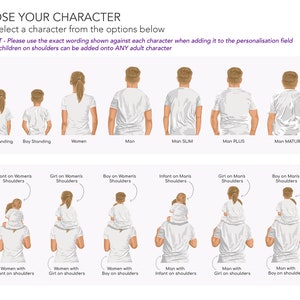 May include: Illustration of different character options for a personalized design.  The options include a girl standing, a boy standing, a woman, a man, a slim man, a plus size man, a mature man, an infant on a woman's shoulders, a girl on a woman's shoulders, a boy on a woman's shoulders, an infant on a man's shoulders, a girl on a man's shoulders, a boy on a man's shoulders, a woman with an infant on her shoulders, a woman with a girl on her shoulders, a woman with a boy on her shoulders, a man with an infant on his shoulders, a man with a girl on his shoulders, and a man with a boy on his shoulders.