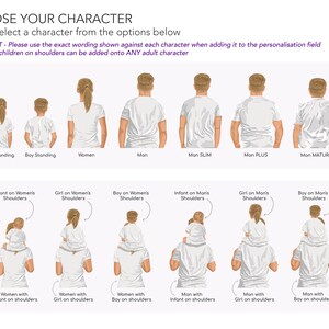 May include: Illustration of different character options for a personalized design.  The options include a girl standing, a boy standing, a woman, a man, a slim man, a plus size man, a mature man, an infant on a woman's shoulders, a girl on a woman's shoulders, a boy on a woman's shoulders, an infant on a man's shoulders, a girl on a man's shoulders, a boy on a man's shoulders, a woman with an infant on her shoulders, a woman with a girl on her shoulders, a woman with a boy on her shoulders, a man with an infant on his shoulders, a man with a girl on his shoulders, and a man with a boy on his shoulders.