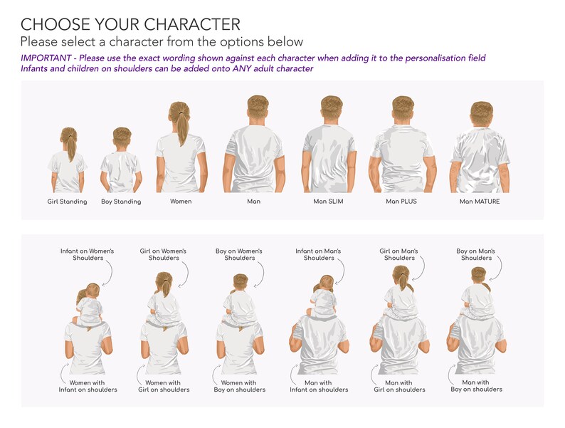 May include: Illustration of different character options for a personalized design.  The options include a girl standing, a boy standing, a woman, a man, a slim man, a plus size man, a mature man, an infant on a woman's shoulders, a girl on a woman's shoulders, a boy on a woman's shoulders, an infant on a man's shoulders, a girl on a man's shoulders, a boy on a man's shoulders, a woman with an infant on her shoulders, a woman with a girl on her shoulders, a woman with a boy on her shoulders, a man with an infant on his shoulders, a man with a girl on his shoulders, and a man with a boy on his shoulders.