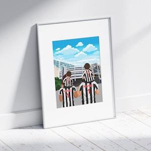 May include: A digital illustration of three people wearing black and white striped soccer jerseys with the number 1 on the back. The person in the middle is carrying a child on their shoulders. The background shows a stadium with a blue sky and white clouds.