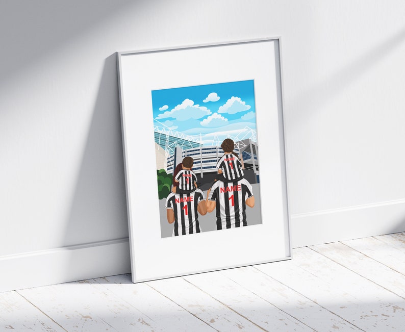 May include: A digital illustration of three people wearing black and white striped soccer jerseys with the number 1 on the back. The person in the middle is carrying a child on their shoulders. The background shows a stadium with a blue sky and white clouds.