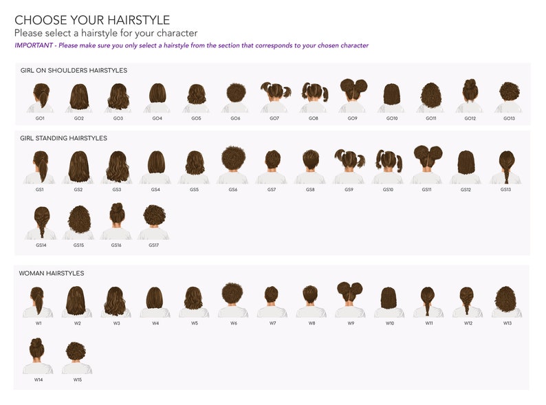 May include: A chart displaying various hairstyles for girls and women. The hairstyles are categorised into three sections: Girl on Shoulders Hairstyles, Girl Standing Hairstyles, and Woman Hairstyles. Each hairstyle is numbered.