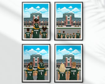 May include: Four digital illustrations of families wearing green and gold jerseys with the text "NAME 1" on the back, standing in front of a green and gold building with the text "Lambeau Field".