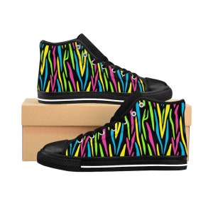 Women&#39;s High-top Sneakers - Black Neon Animal Print - I Love the 80&#39;s | Eighties Themed Party Outfit Idea