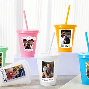 Custom Photo Party Cups With lid and straw, Personalized Celebration Drinkware, Reusable Plastic Tumblers