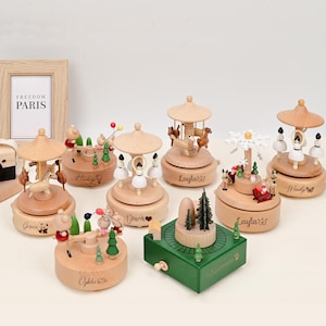 Recuerdo de bailarina musical de madera, caja de música con nombre grabado, carrusel de madera para decoración de guardería, caja de música de tren, caja de música de caballo, regalo para baby shower