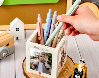 Portapenne personalizzato con foto a forma di mattone "Daddy & Me", organizer ispirato ai mattoni, regali per papà, bambini, ragazzi, studenti