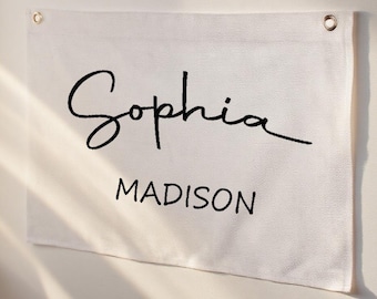 Personalized Baby Name flag, Embroidered Canvas Pennant, nursery name sign, boho nursery decor,Baby shower Gift