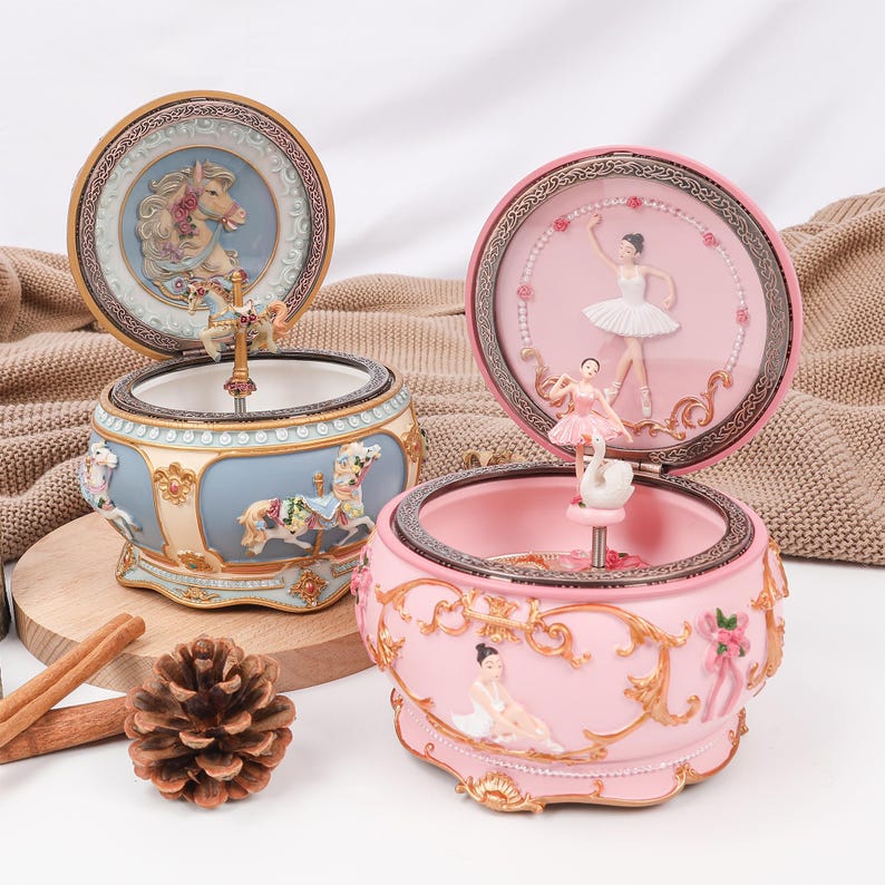 Personalized light up carousel music box, custom engraved ballet girl