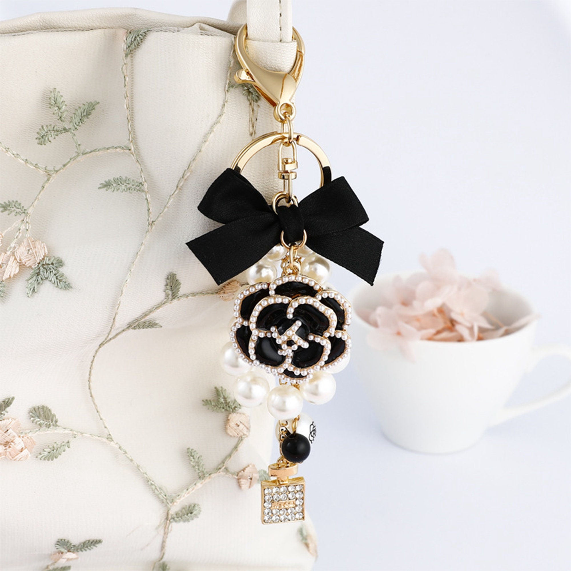 Chanel Style Enameled Camellia with Bow and Charms Keychain/Bag Charm