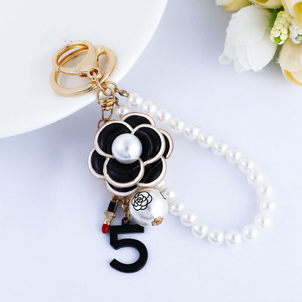 Metal Camellia Keychain, Flower Keyring, Pearl Bag Charm, Pearl Keychain For Bag Decoration