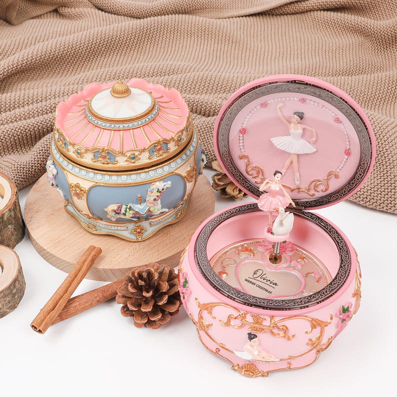 Personalized light up carousel music box, custom engraved ballet girl