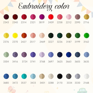 May include: A chart of embroidery floss colors with corresponding DMC numbers. The colors are arranged in rows and columns, with each color represented by a small circle. The DMC numbers are listed below each circle.