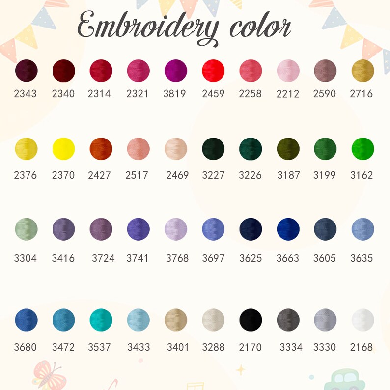 May include: A chart of embroidery floss colors with corresponding DMC numbers. The colors are arranged in rows and columns, with each color represented by a small circle. The DMC numbers are listed below each circle.