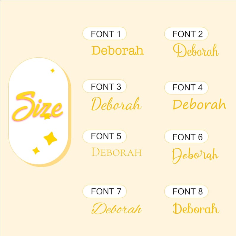 Op de afbeelding: Acht verschillende lettertypen van de naam "Deborah" in gele tekst op een lichtgele achtergrond. Het woord "Size" is geschreven in gele cursieve letters op een witte ovaal met gele sterren.