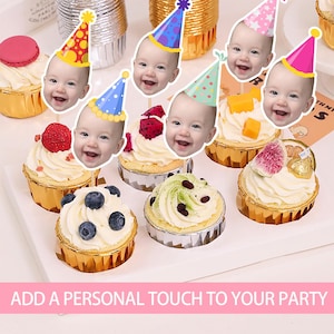 Personalized Baby&#39;s First Birthday Photo Cupcake Topper Party,Party Hat Cupcake Topper for Birthday Cake Decoration,Cupcake kid birthday